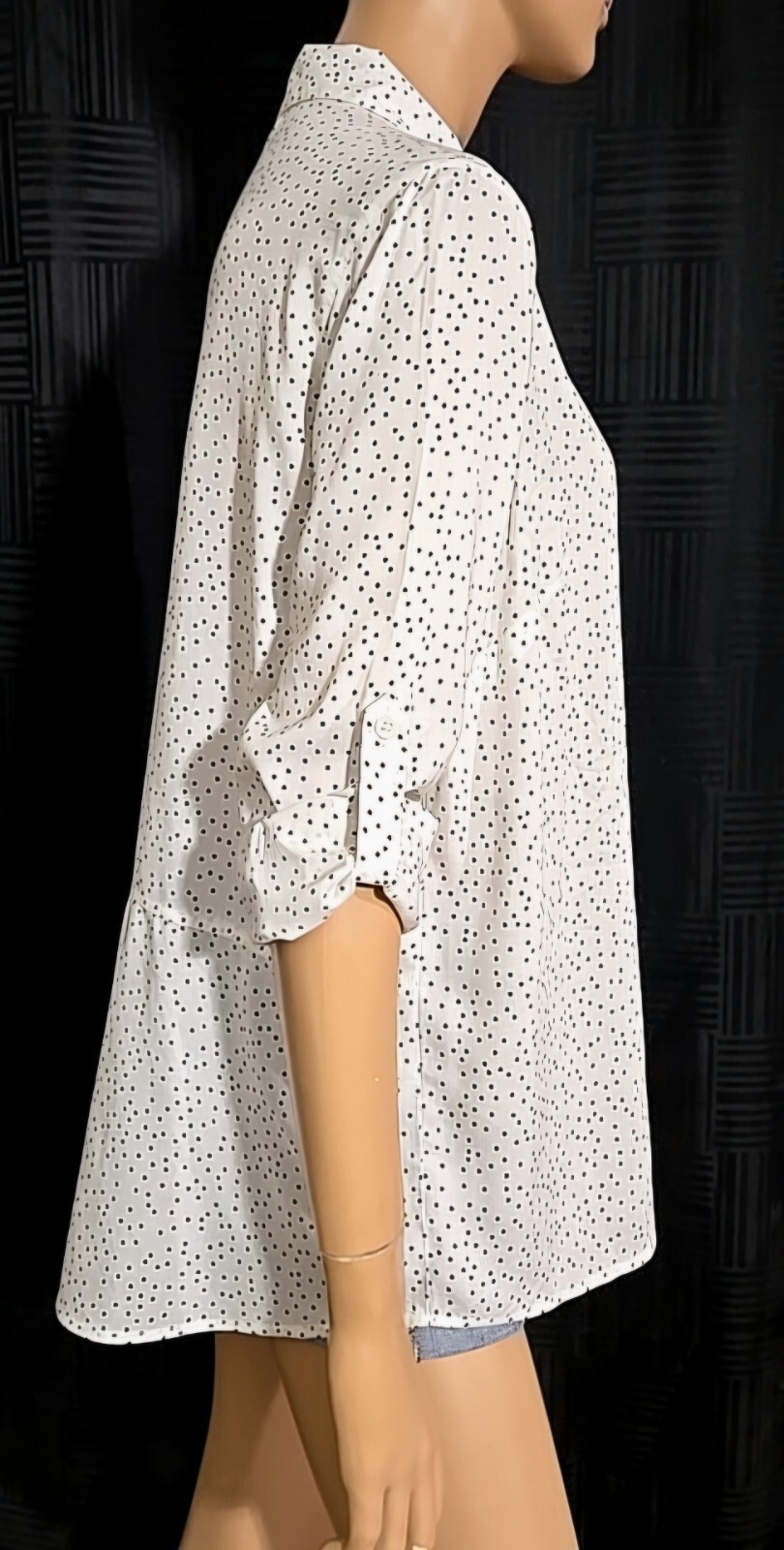 BEACH LUNCH LOUNGE Button Up Roll Tab Sleeve Split Back Shirt Polka Dot sz L/XL