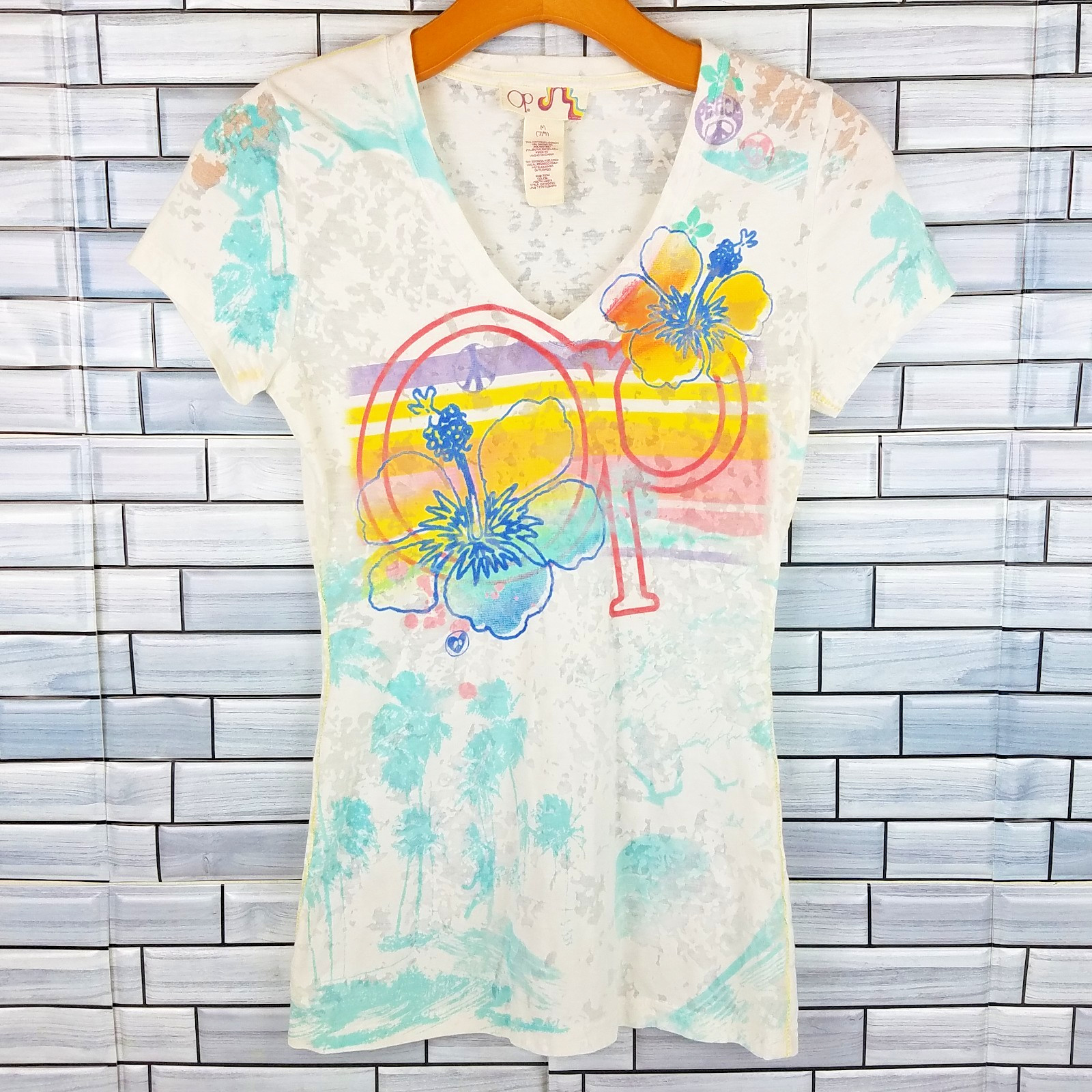 Ocean Pacific OP Top Junior M Floral Burnout Hawaiian Surfing Sunset Palm Trees