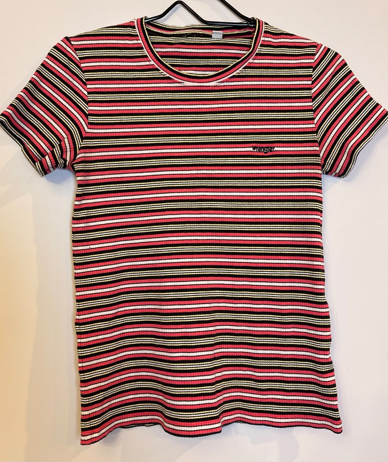 Daisy Women’s XL Black/Pink/Yellow/White/Red Striped Knit Crew Neck Tee