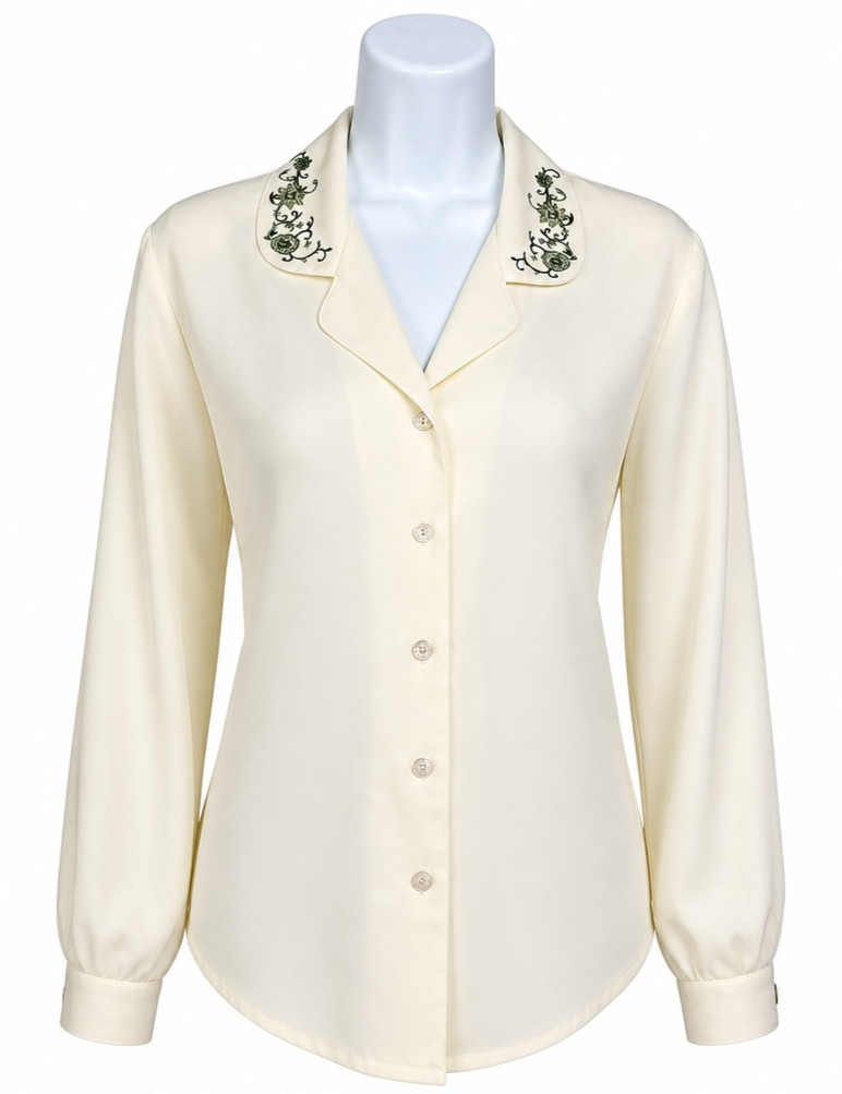 Koret Womens 10 Soft Ivory Embroidered Collar Button Front Blouse Long Sleeve