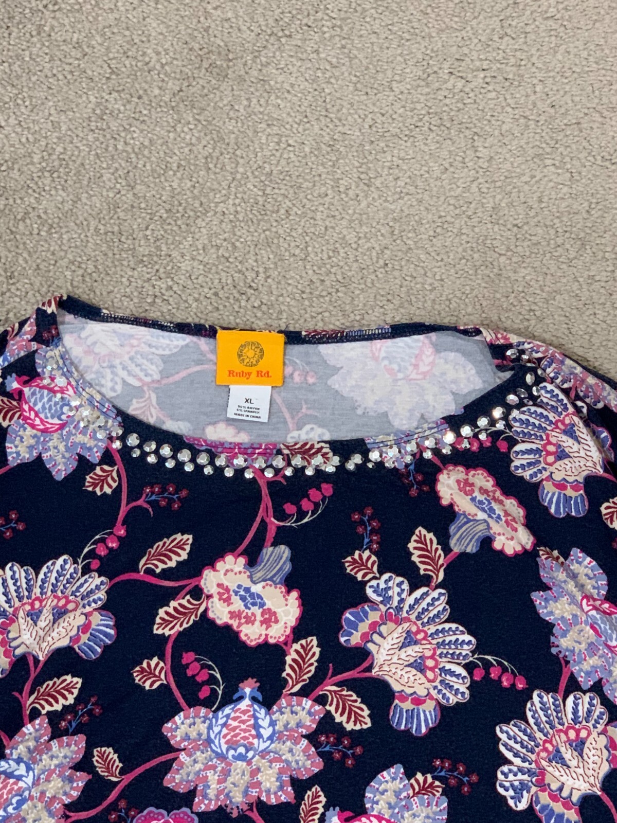 Ruby Rd Floral Tunic Blouse Top Womens Size XL Blue Silver Studded Stretch Knit