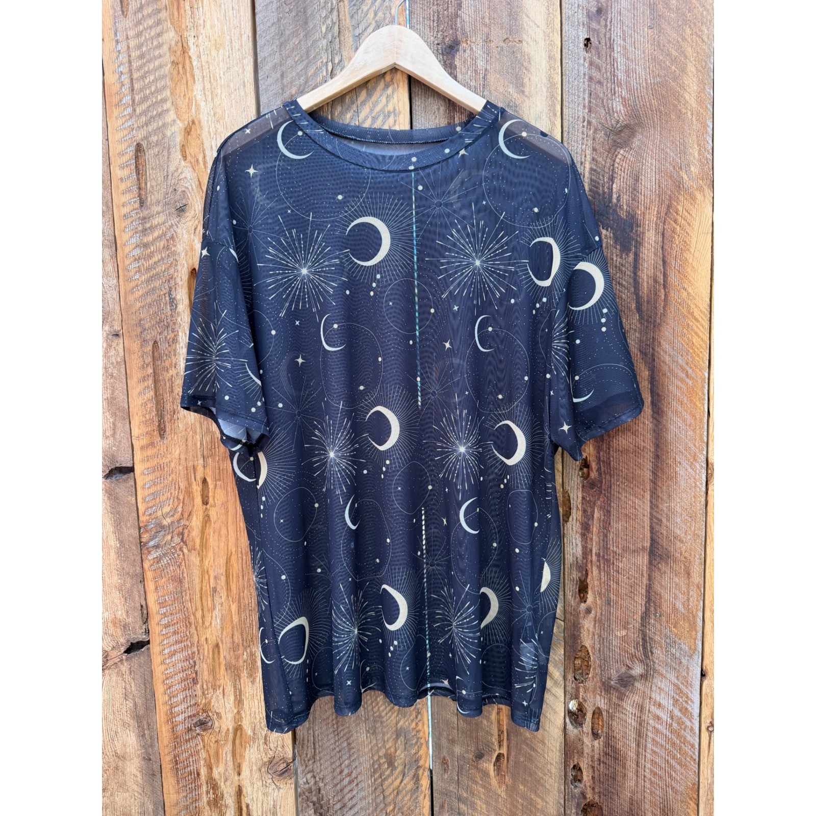 Celestial Moon Stars Mesh Top Womens XL Witchy Whimsigoth Fairycore Goth Tee