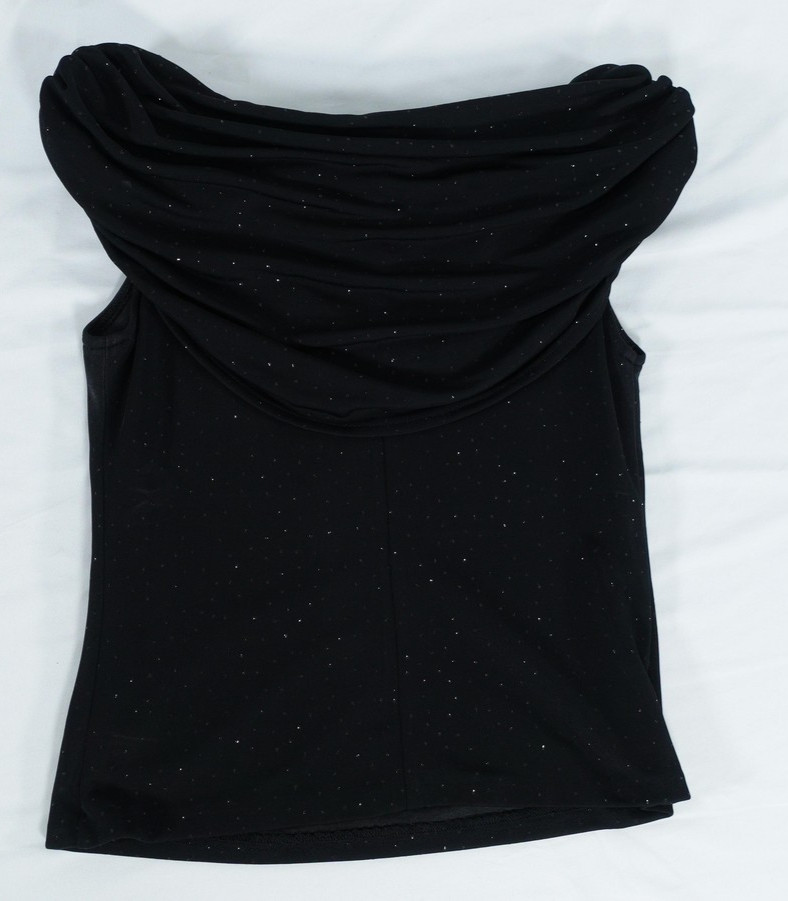 XSCAPE Top Womens Small Off Shoulder Draped Glitter Beaded Rhinestone Elegant