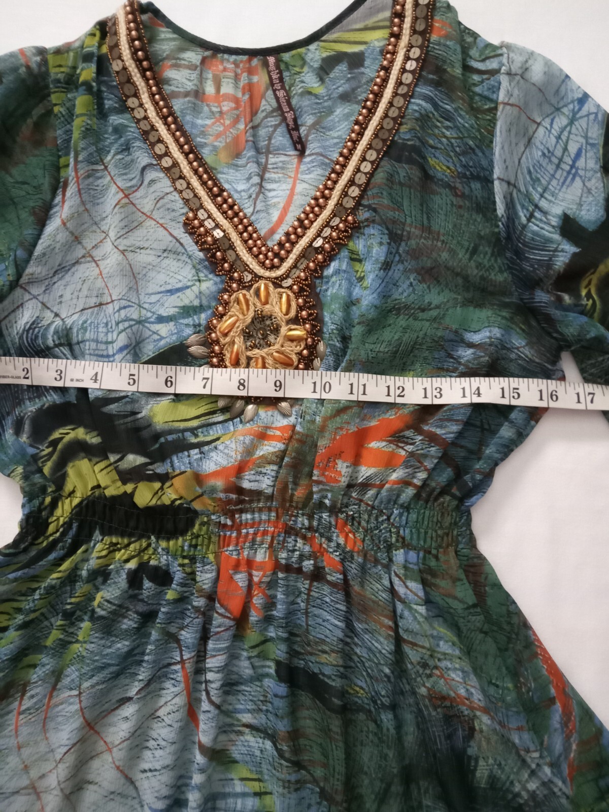 MUSHKA By SIENNA ROSE Women’s Medium Sheer Watercolor Tunic Beads Embroidery Top