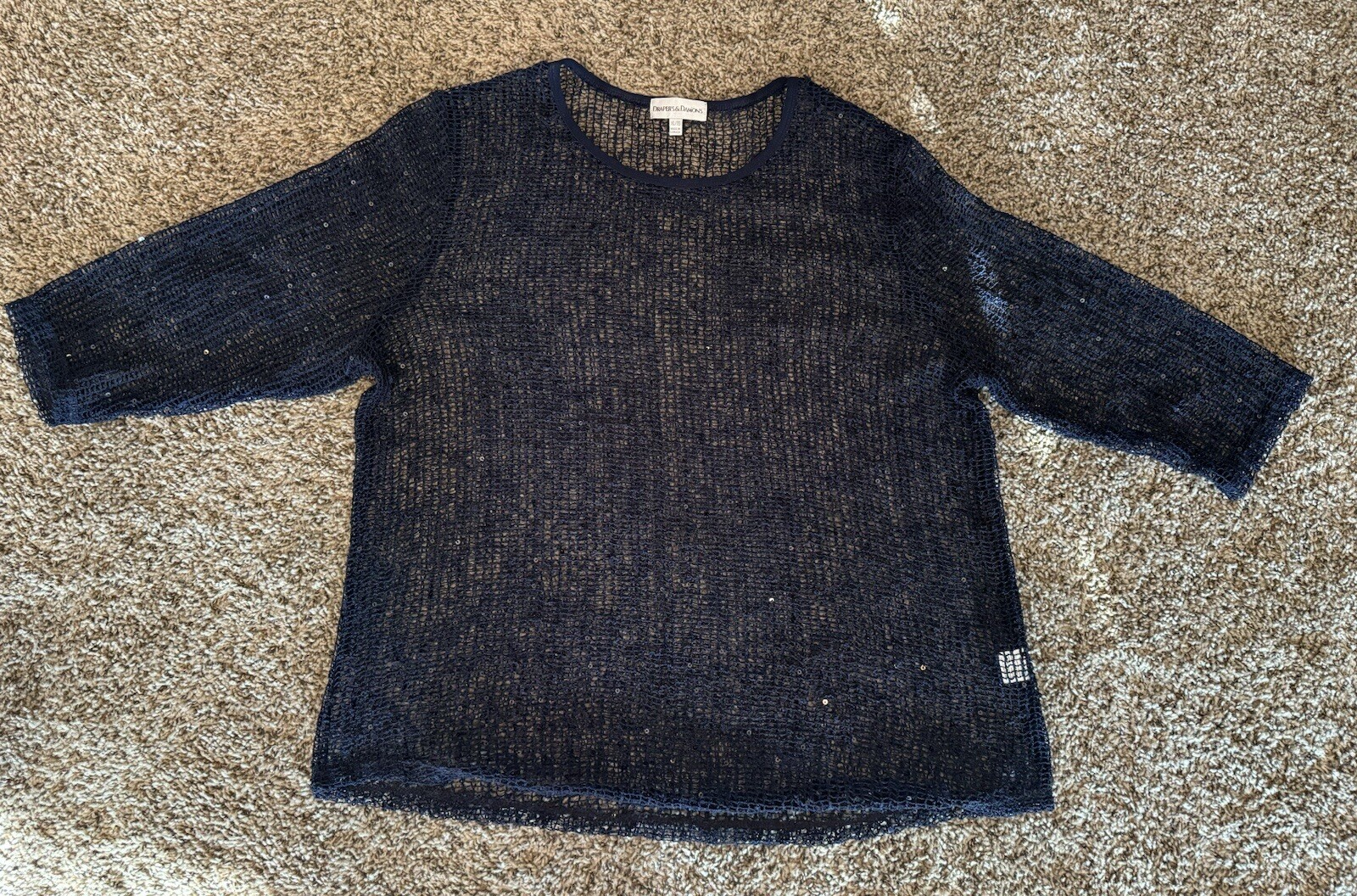 Drapers and Damons XL Navy Blue Sequined Loose Weave Mesh Pullover Top 3/4 SLV