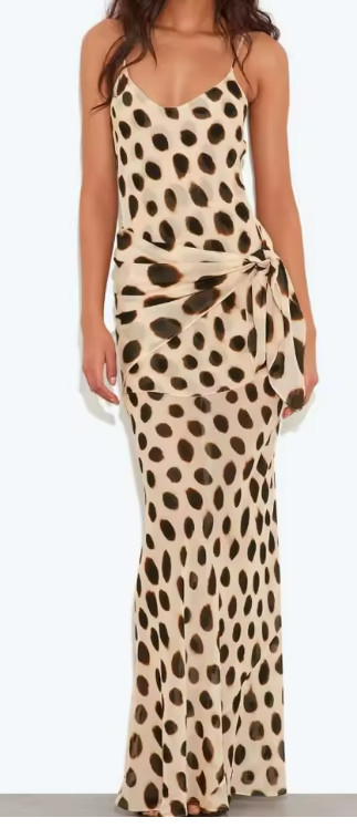 Polka Dot Print DressV-neck Spaghetti Strap