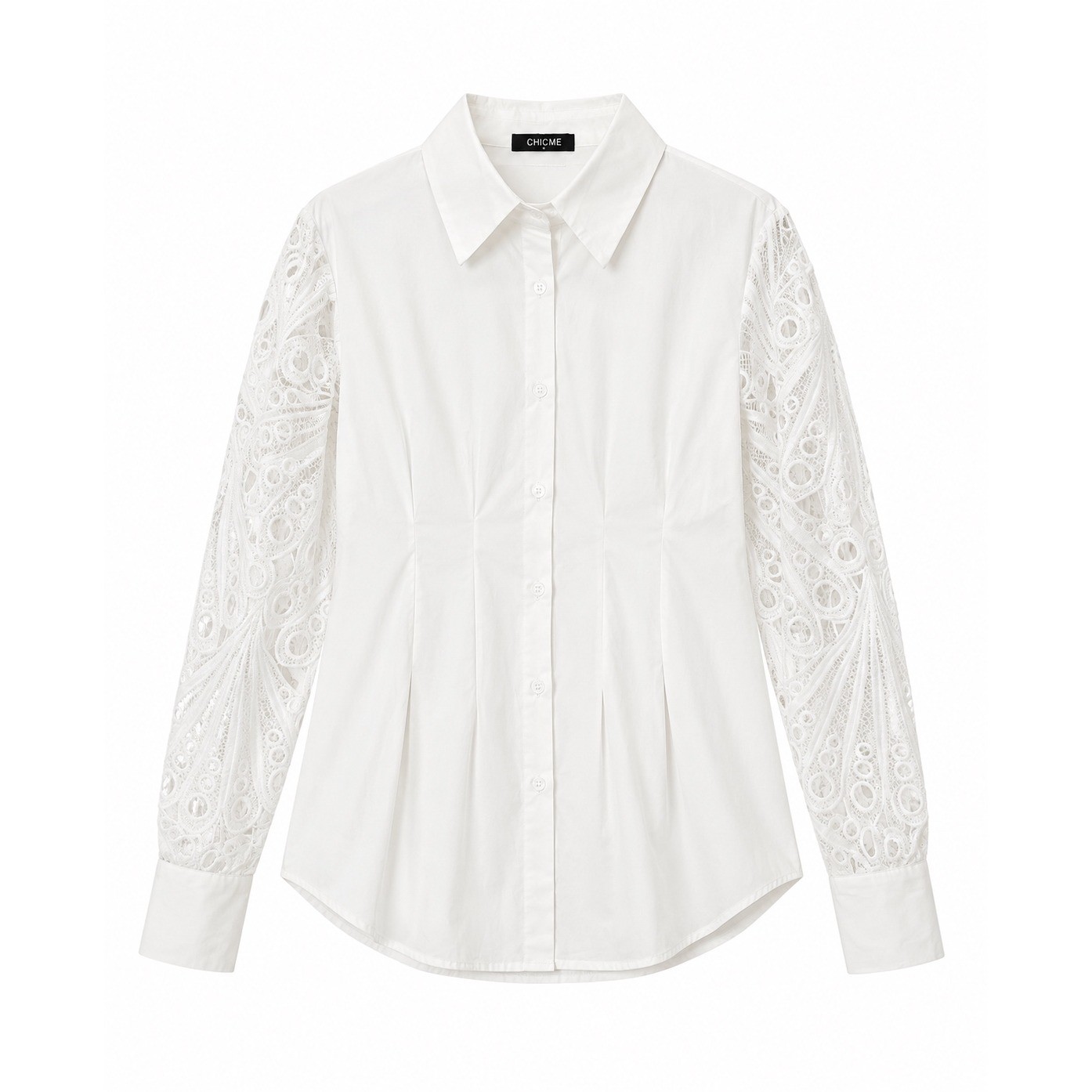 ChicMe White Button Down Blouse Lace Crochet Long Sleeve Pleated Waist Large