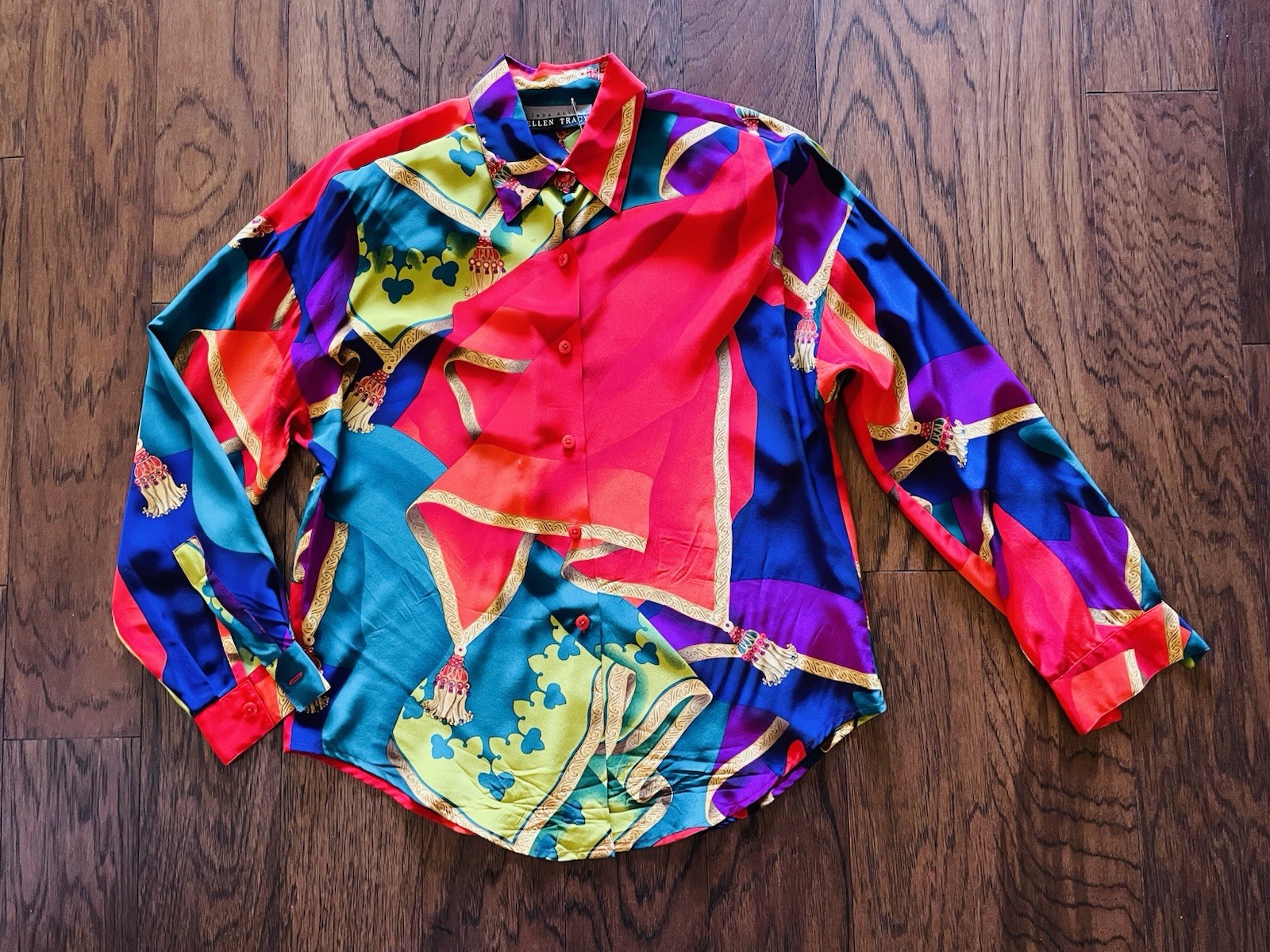 Vintage Linda Allard Ellen Tracy 100% Silk Blouse Multicolor Tassle Print Top 10