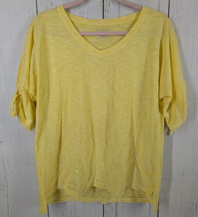Talbots Size Large Petite Yellow White Stripe V Neck Short Sleeve Tie Sleeve Top