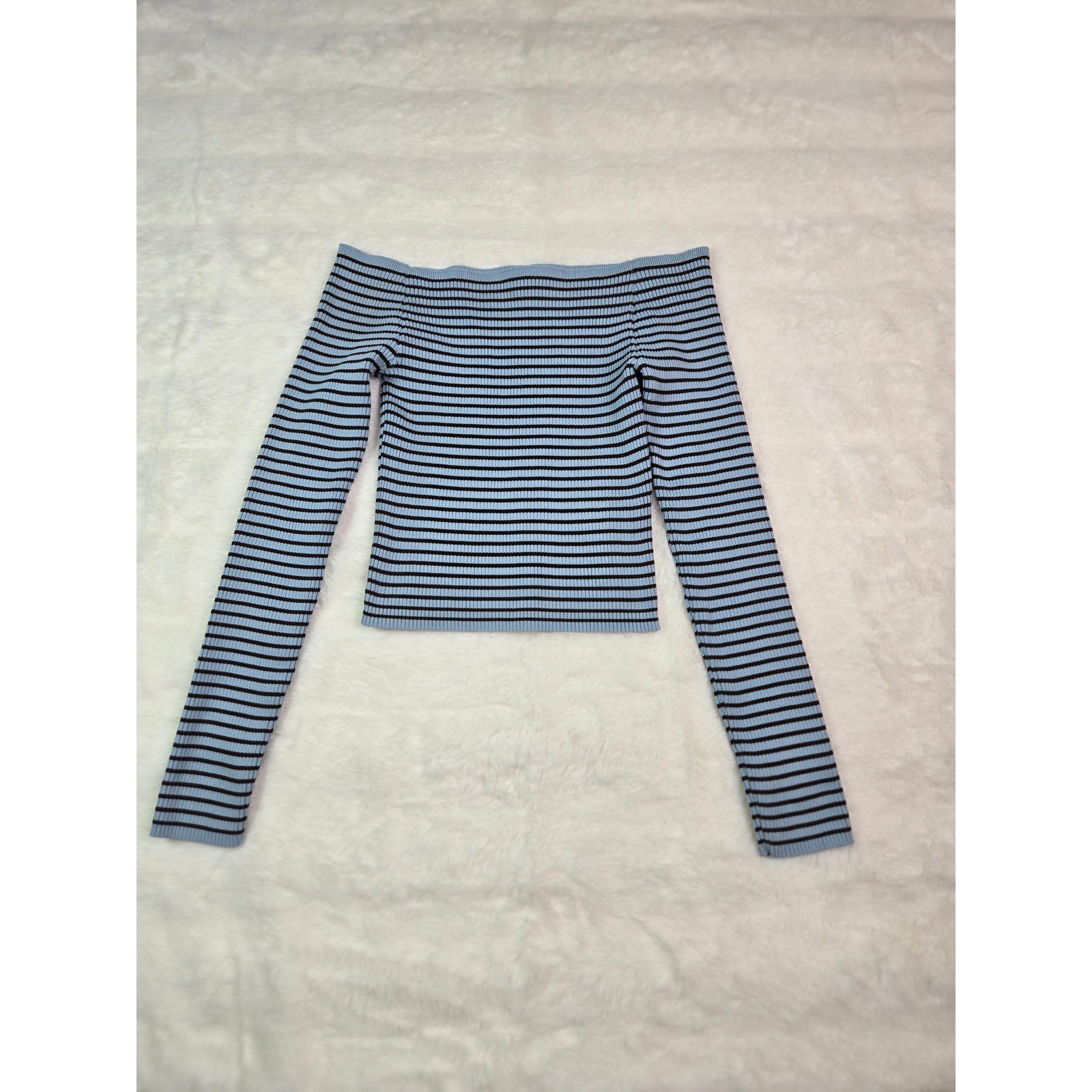 Womens Blue Black Striped Ribbed Off Shoulder Crop Top S Stretch Fitted