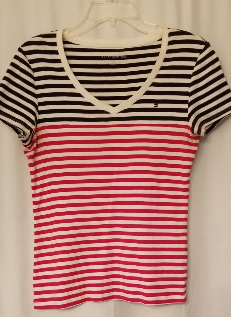 Tommy Hilfiger Women’s Top V-Neck Striped Red White & Blue Logo USA Size Small