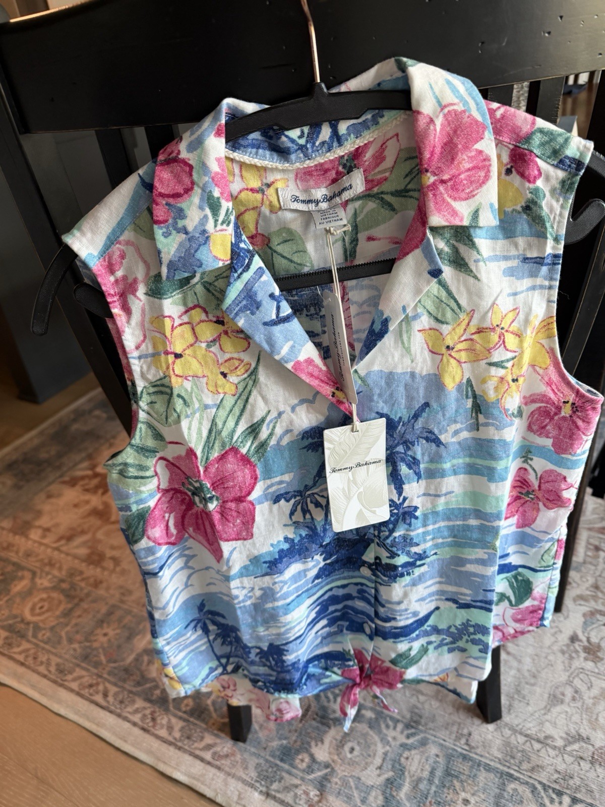 Tommy Bahama Womens Sz XS 100% Linen Multicolor Tropical Floral Tie Blouse