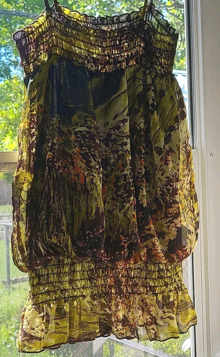 daytrip Women Yellow Brown Chiffon Smocked Ruffled Top S Adjustable Straps