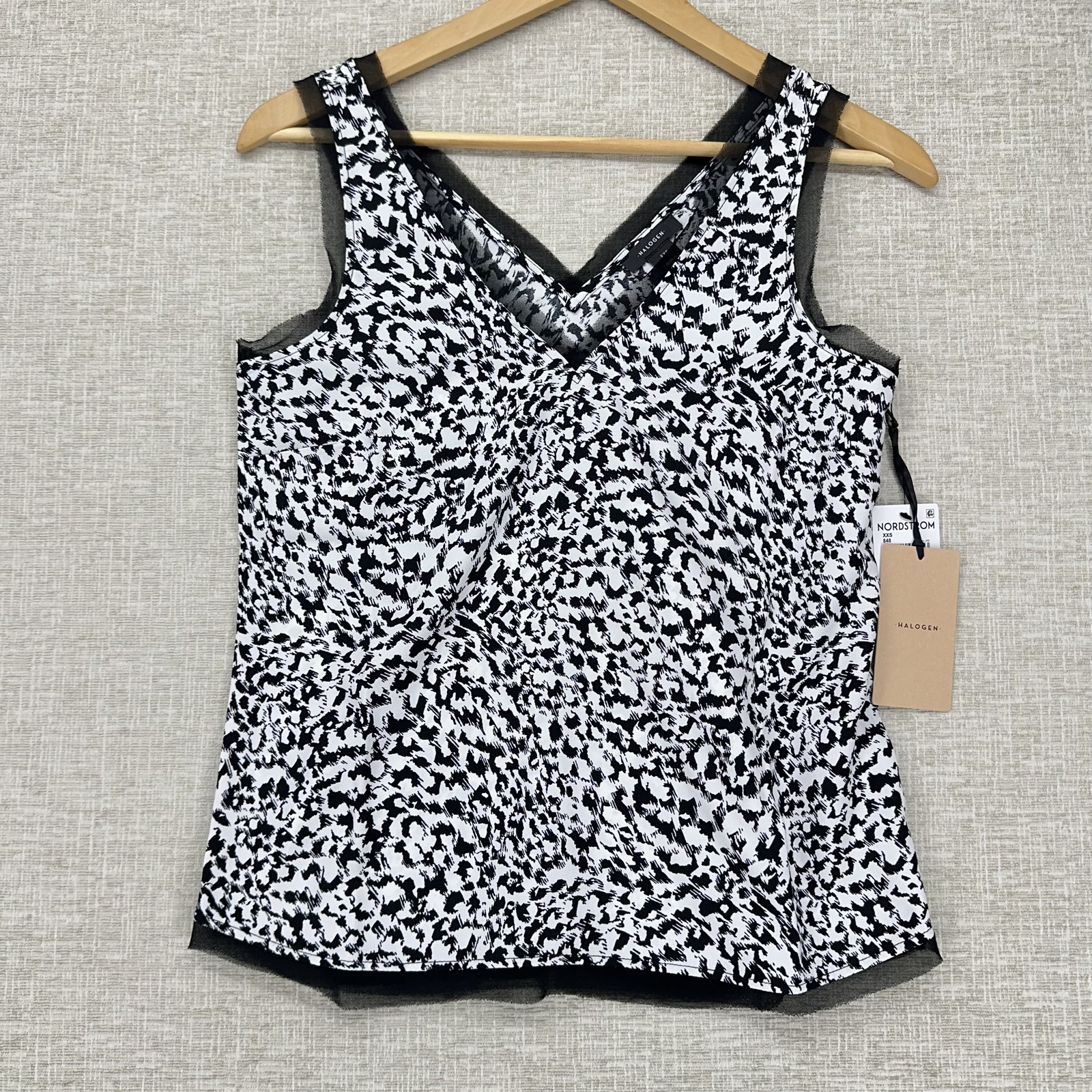 Halogen Tank Top Women XXS Leopard Print Sleeveless Blouse Mesh Trim Ivory Black