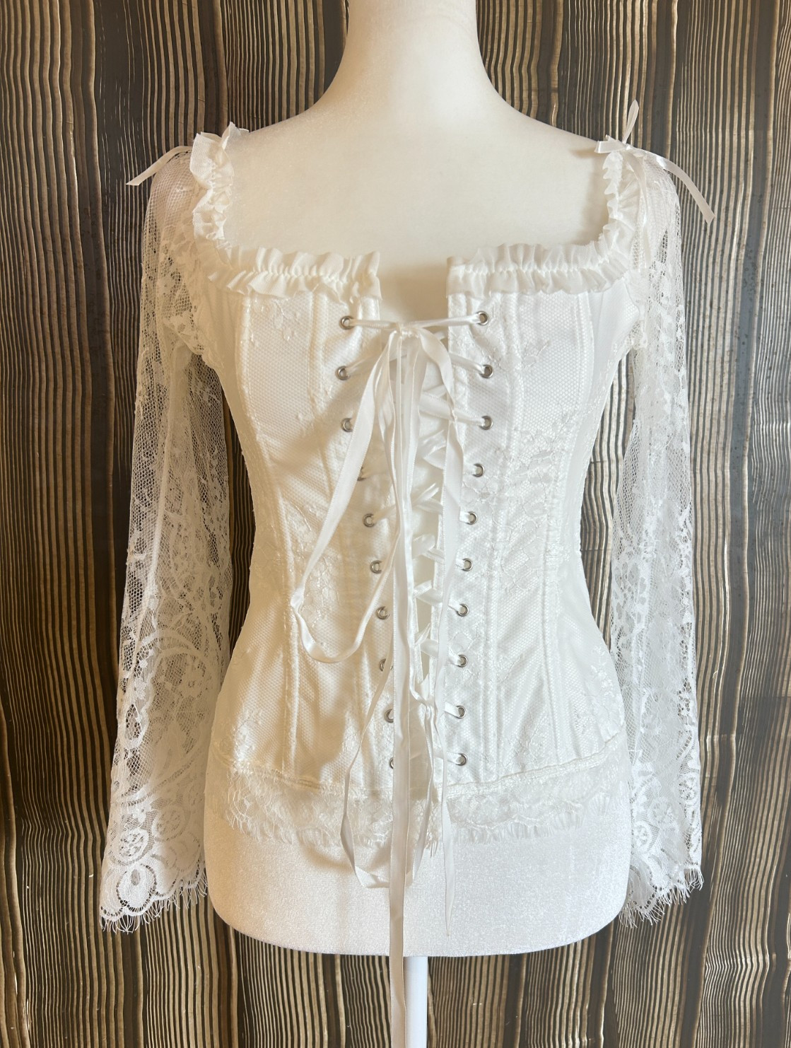 Coquette Lace & Ribbon Corset Top Sz M White Sheer Bell Sleeves Stretch Feminine
