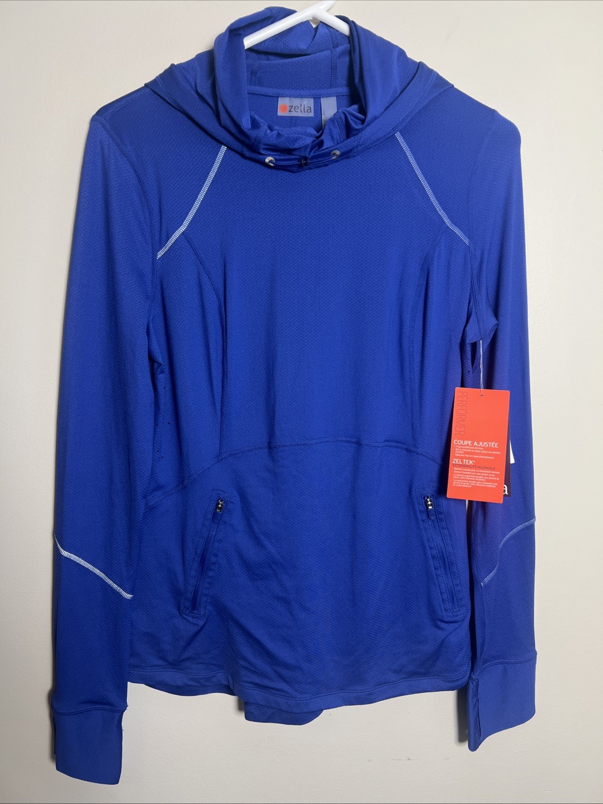 NWT ZELLA Women Large Blue Lightweight Performance Hoodie Stretch Pullover