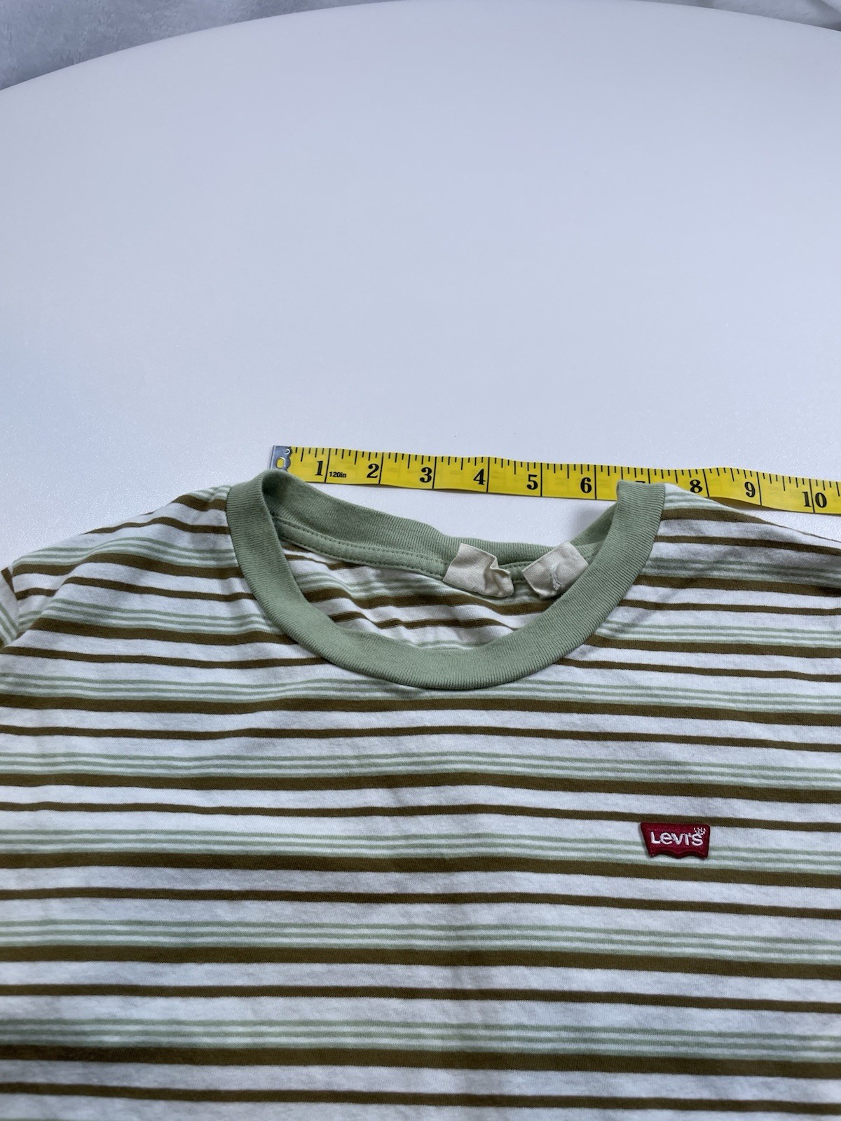 Levi’s Striped TShirt M Green Brown White Stripe Logo Patch Preppy Layering