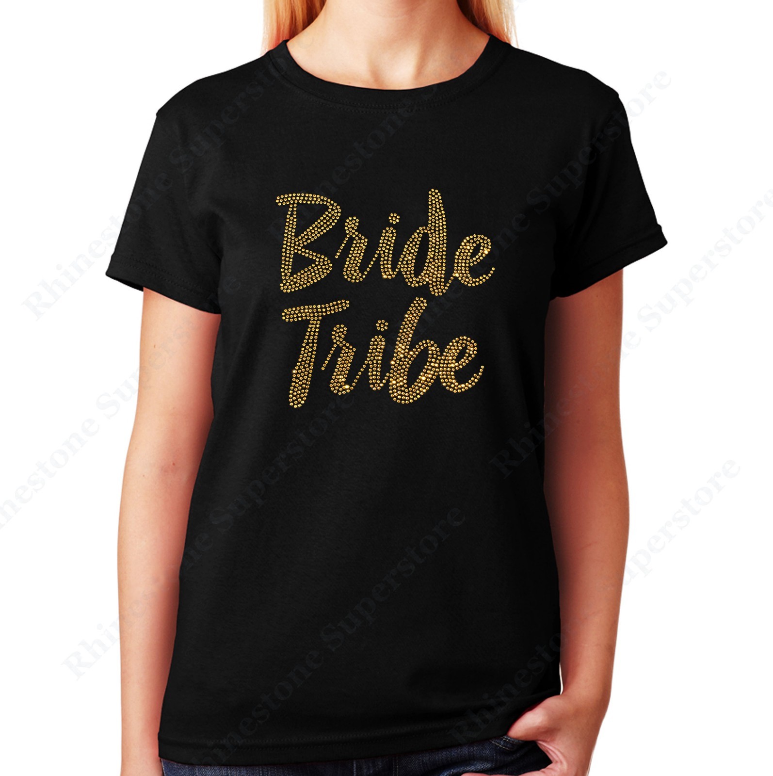 Women’s / Unisex Rhinestone T-shirt ” Gold Bride Tribe ” in Sm to 3XL