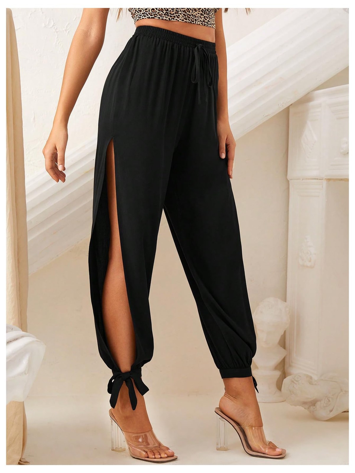Women’s High Waisted Slit Harem Pants Bow Tie Drawstring Cropped Trousers Bla…