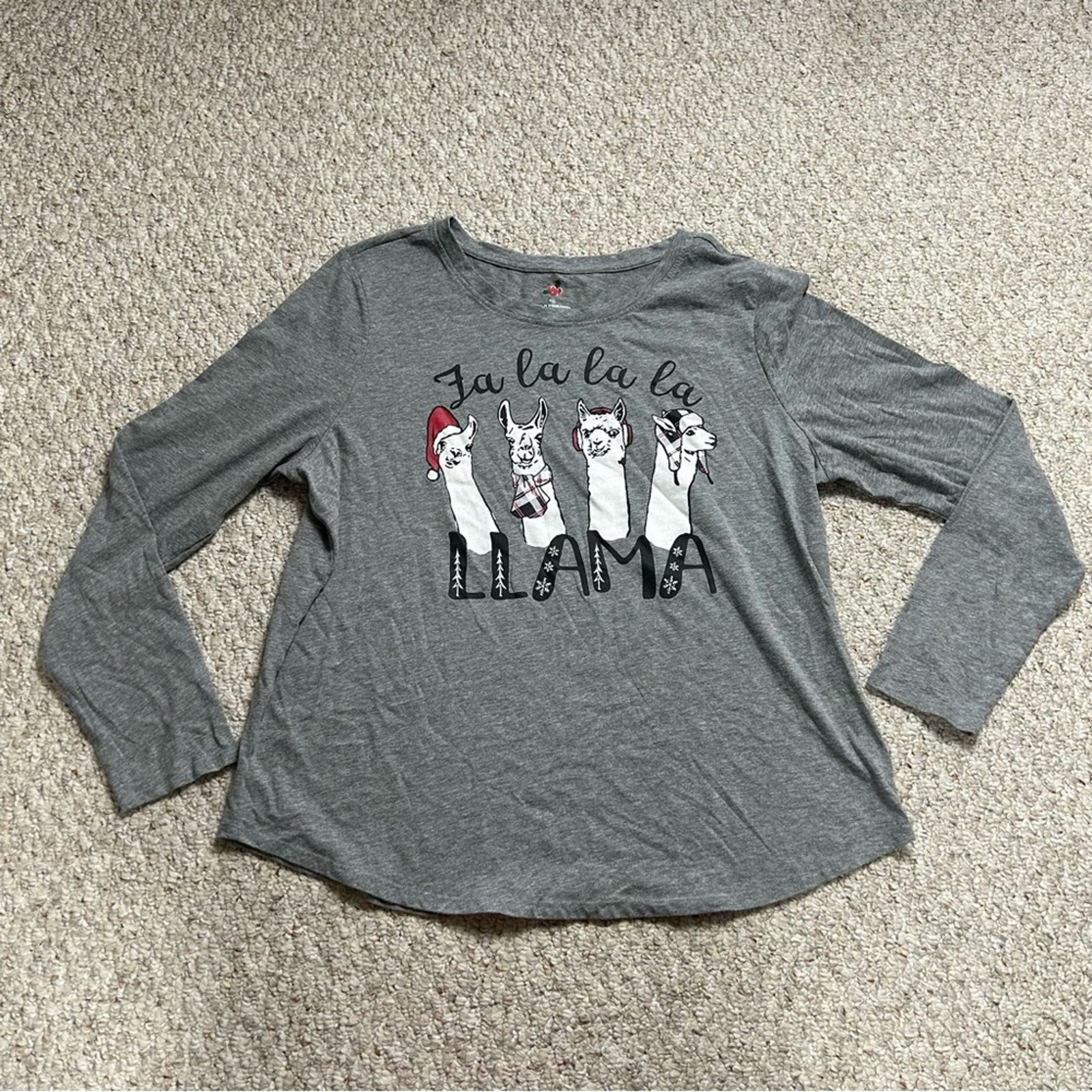 Llama Christmas Gray Long Sleeve Womens XL Crewneck Festive Ugly Deck the Halls