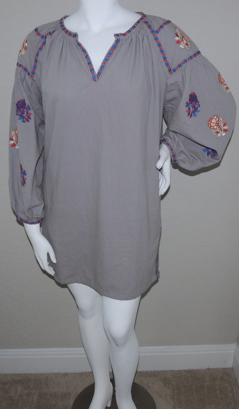 Velzera Boho Embroidered Floral V-Neck Tunic Dress Grey Plus 1XL 2XL 3XL – New!