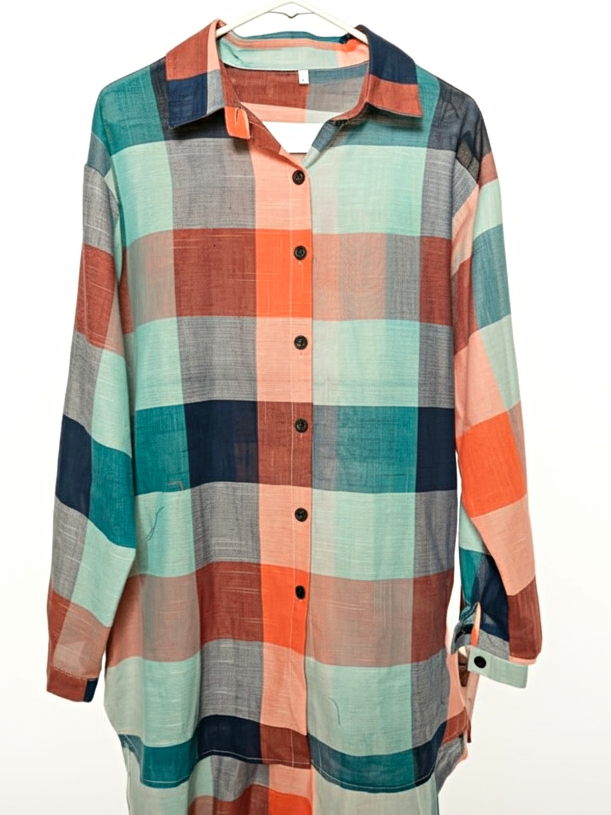 Women’s Multicolor Plaid Woven Button-Up Point Collar Long Sleeve Shirt L/XL