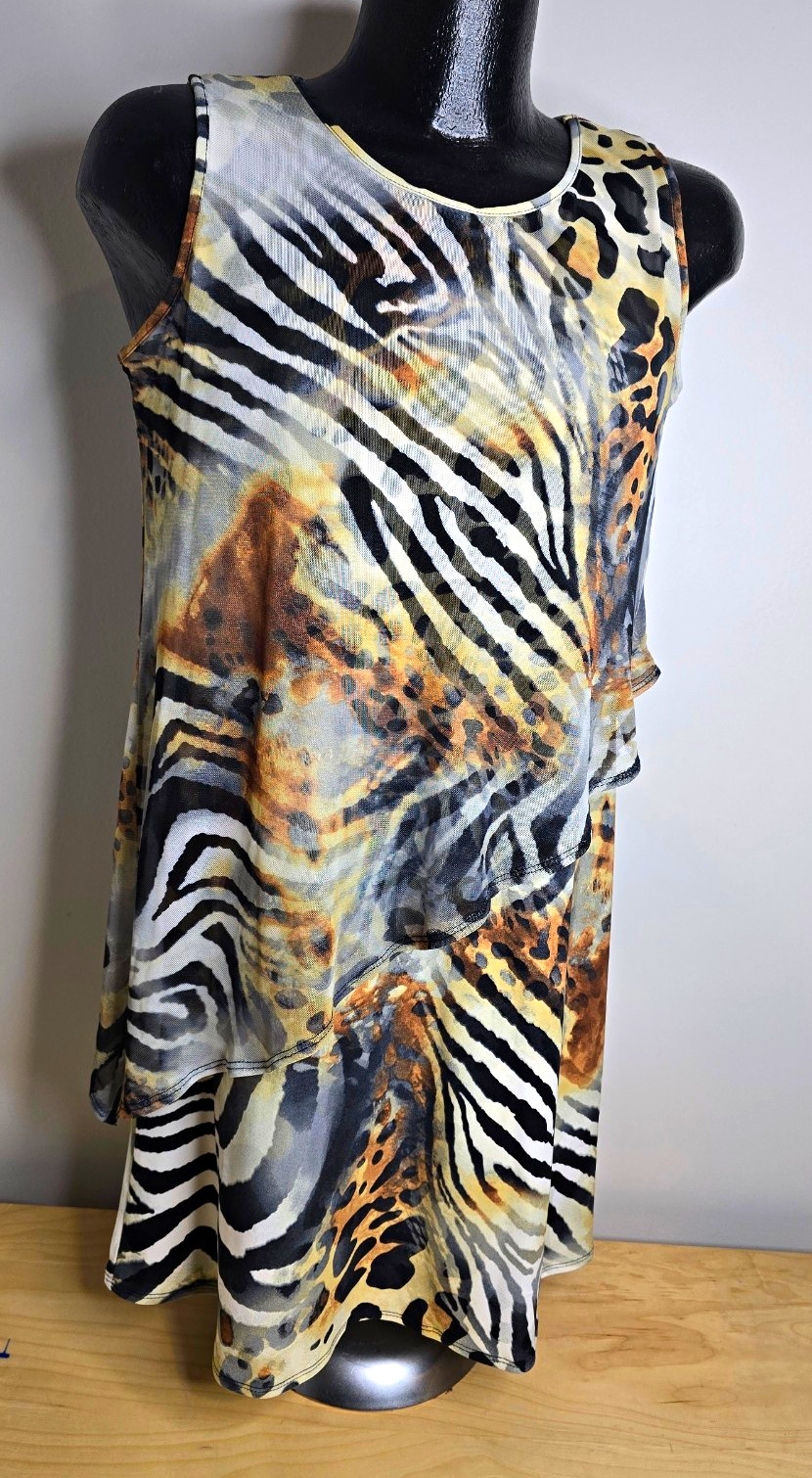 New Attitudes by Renee W Petite Animal Print Mesh Tank Dress Sheer Layered