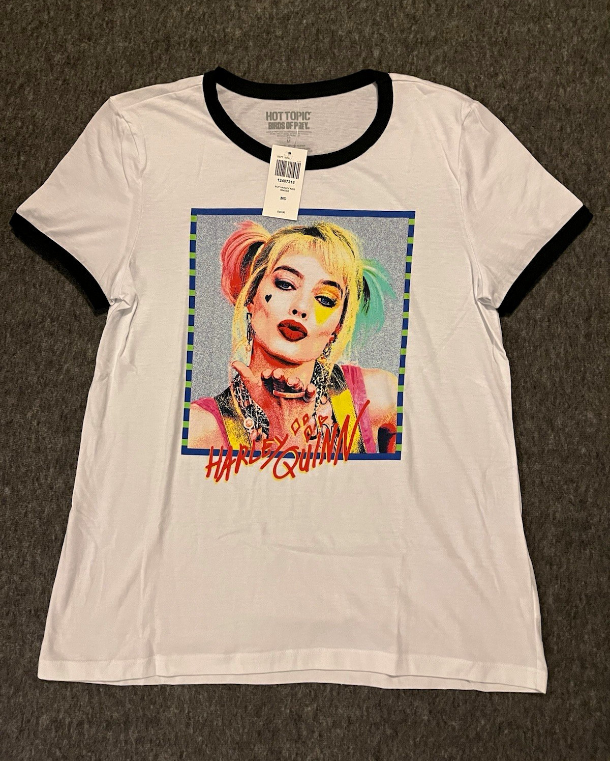 Hot Topic Harley Quinn Women’s M White/Black Ringer Graphic Crew Neck T-Shirt