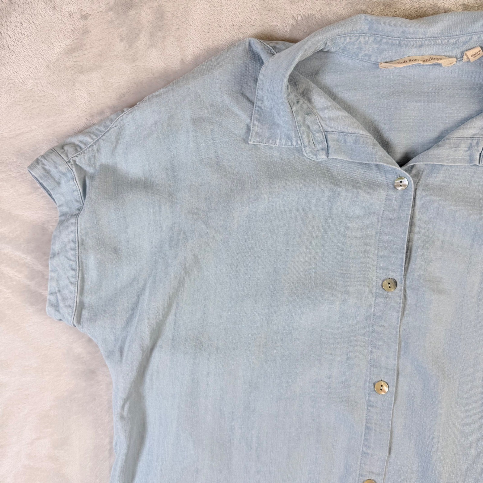 Soft Surroundings Button Down Shirt Womens PS Blue Tencel Lyocell Short Sleeve