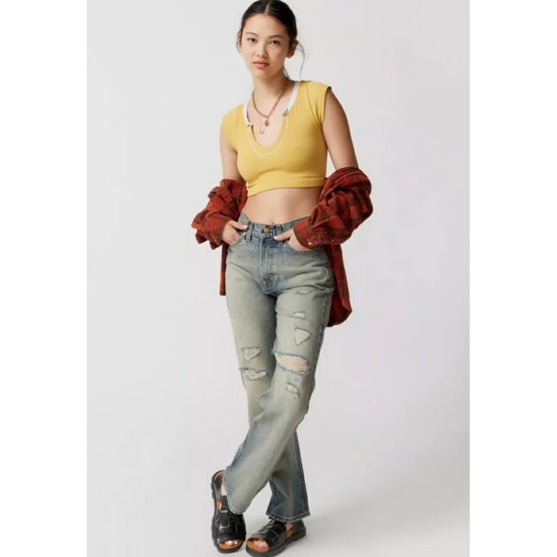 Out From Under Urban Outfitters Mustard Ribbed Crop Top XS/S Notch Neck Baby Tee