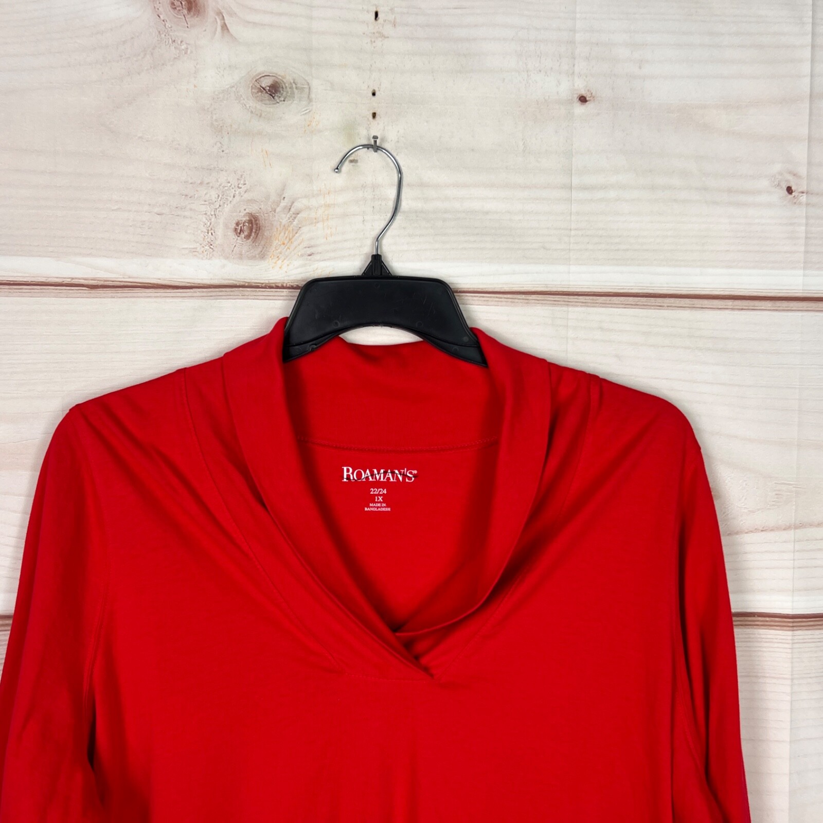 Roamans Top Womens 1X Red Shawl Collar T-Shirt Long Sleeve Tunic Cotton Solid