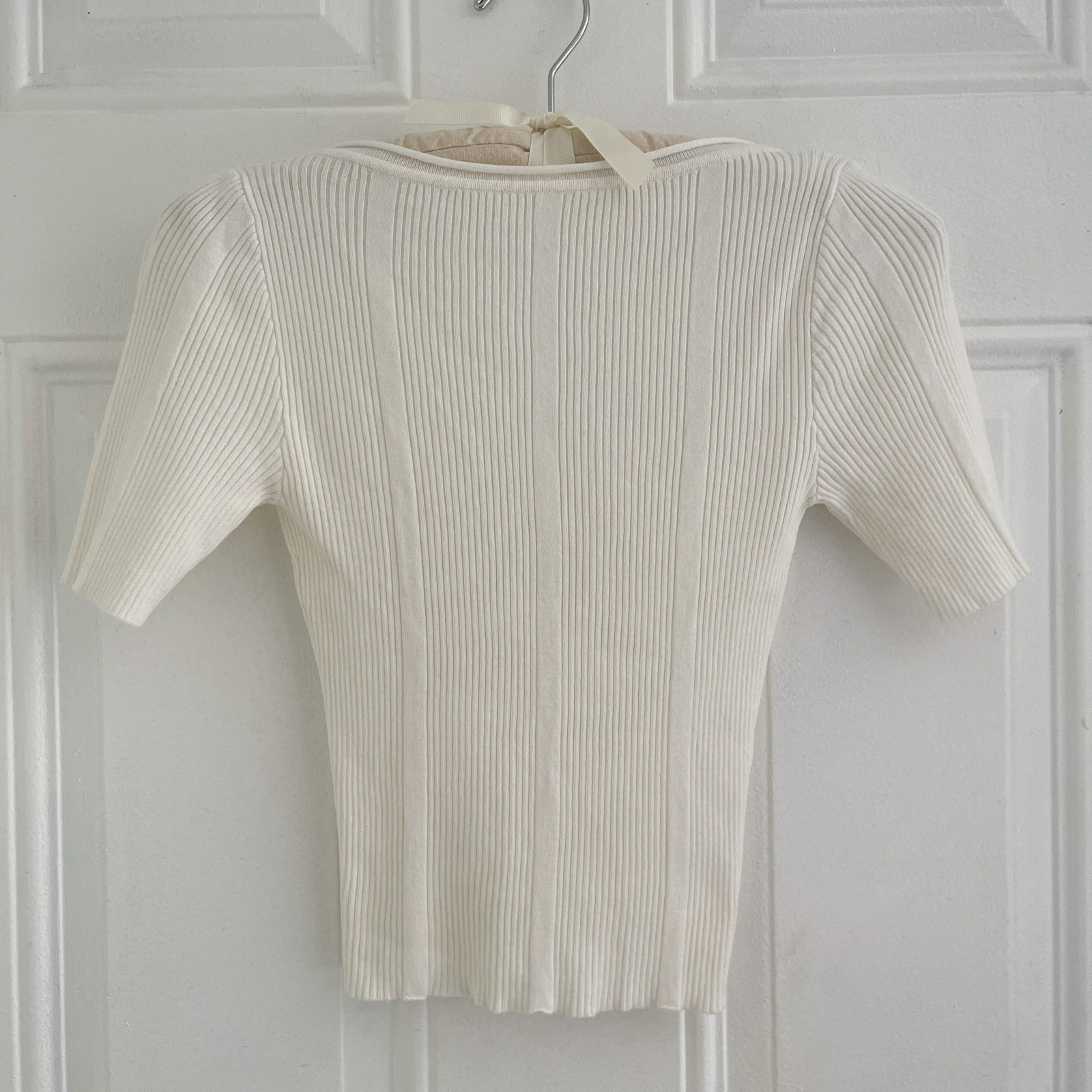 H&M White Ribbed Knit Top Scoop Back Short Sleeve Stretch Size S
