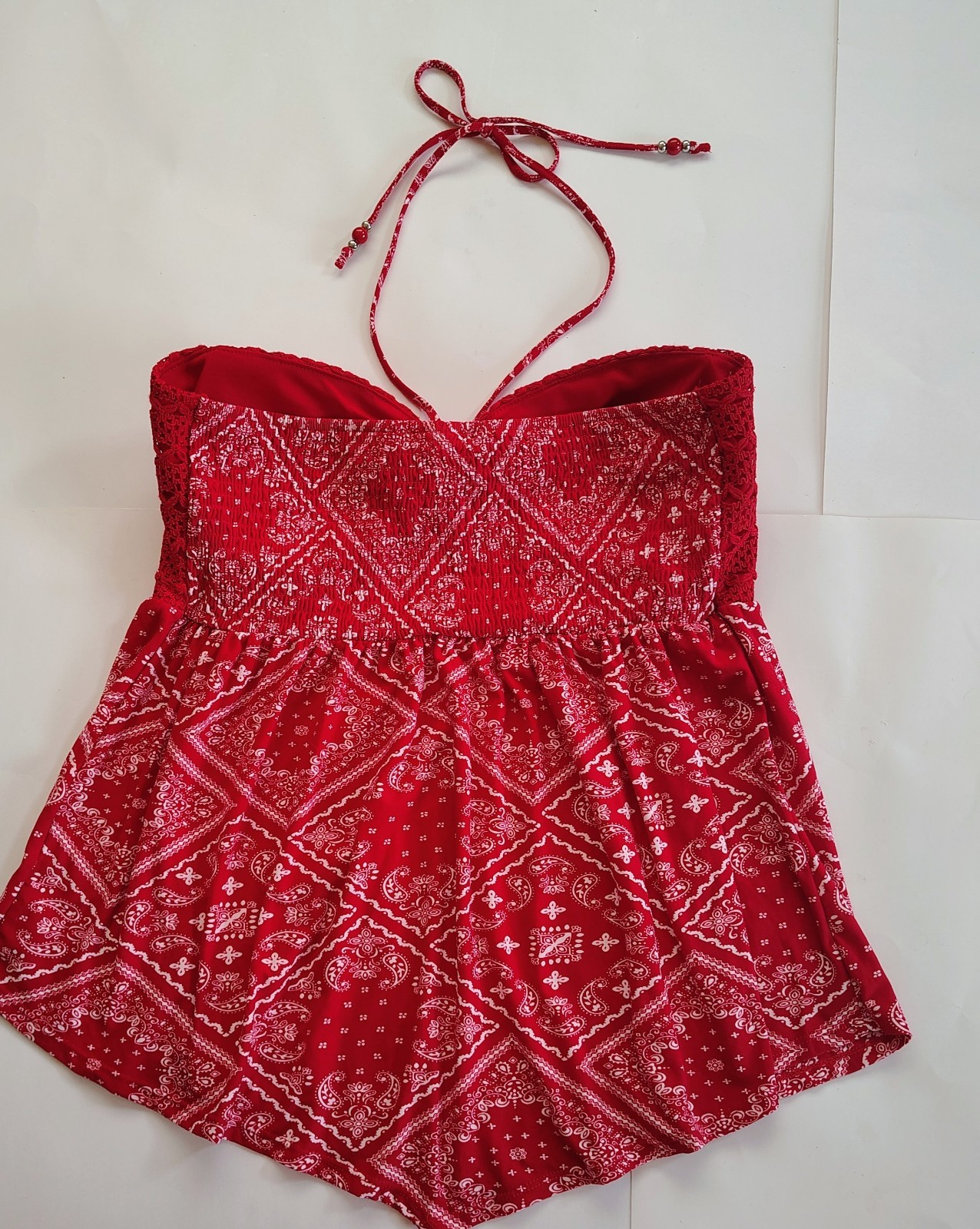 Y2K Red Bandana Print Crochet Halter Top Handkerchief Hem Boho Western Festival