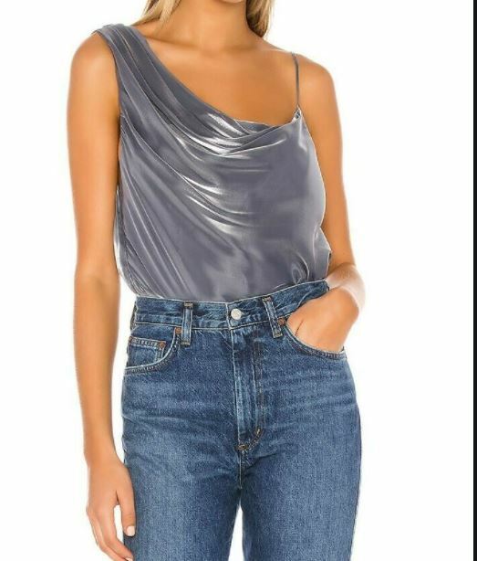 Free People Womens Shimy Tank Top Asymmetric Strap S Silver Bell Shimmer NWT