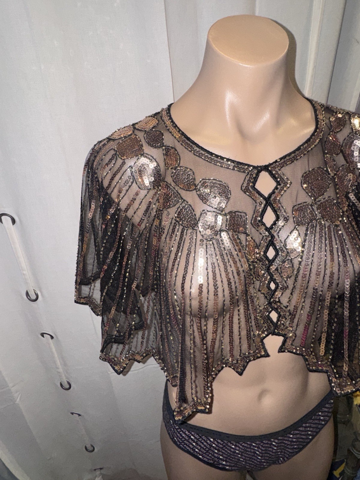 Black w/Gold Sequin Sheer Poncho Top Topper Size O/S GORGEOUS!!