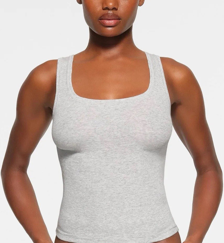 NWT SKIMS Cotton Rib Long Tank in Light Heather Grey sz S