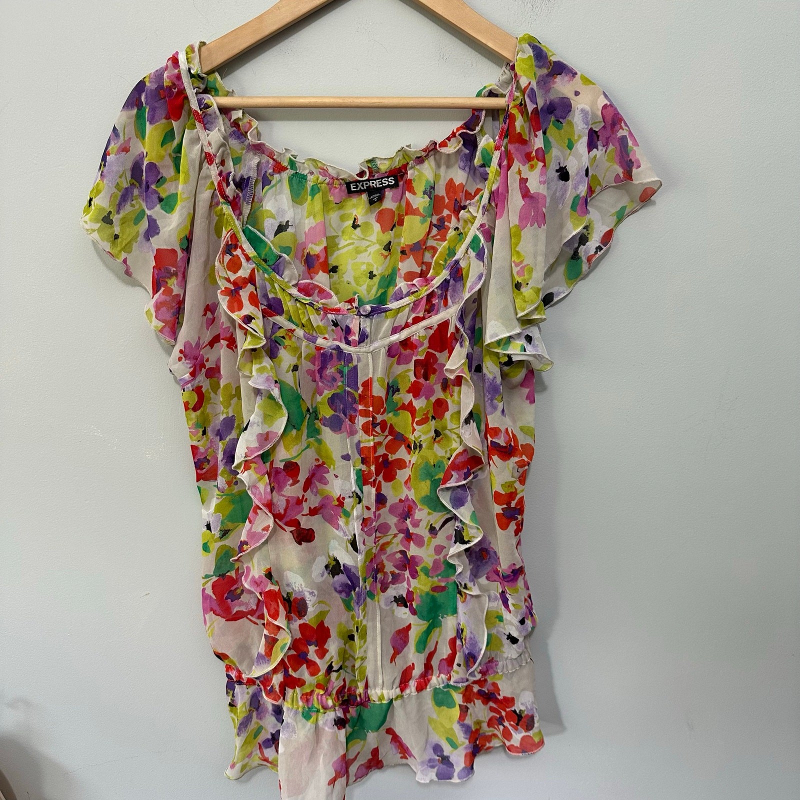 Express Blouse Womens Large Colorful Sheer Chiffon Flutter Y2K Fairy Coquette