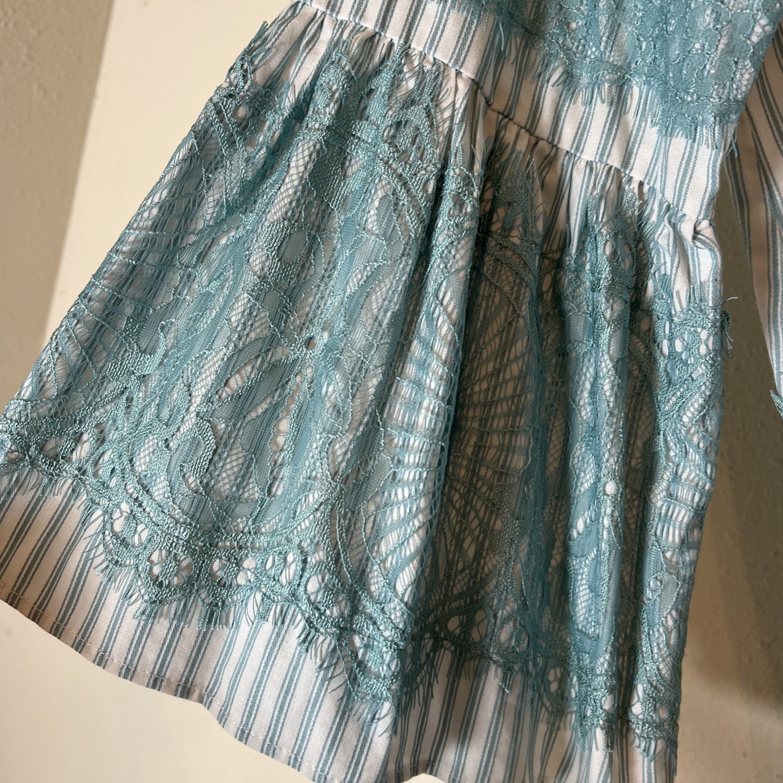 DG2 Diane Gilman Lace Trim 3/4 Flare Sleeve BOHO Linen Stripe Tunic Top Teal Med