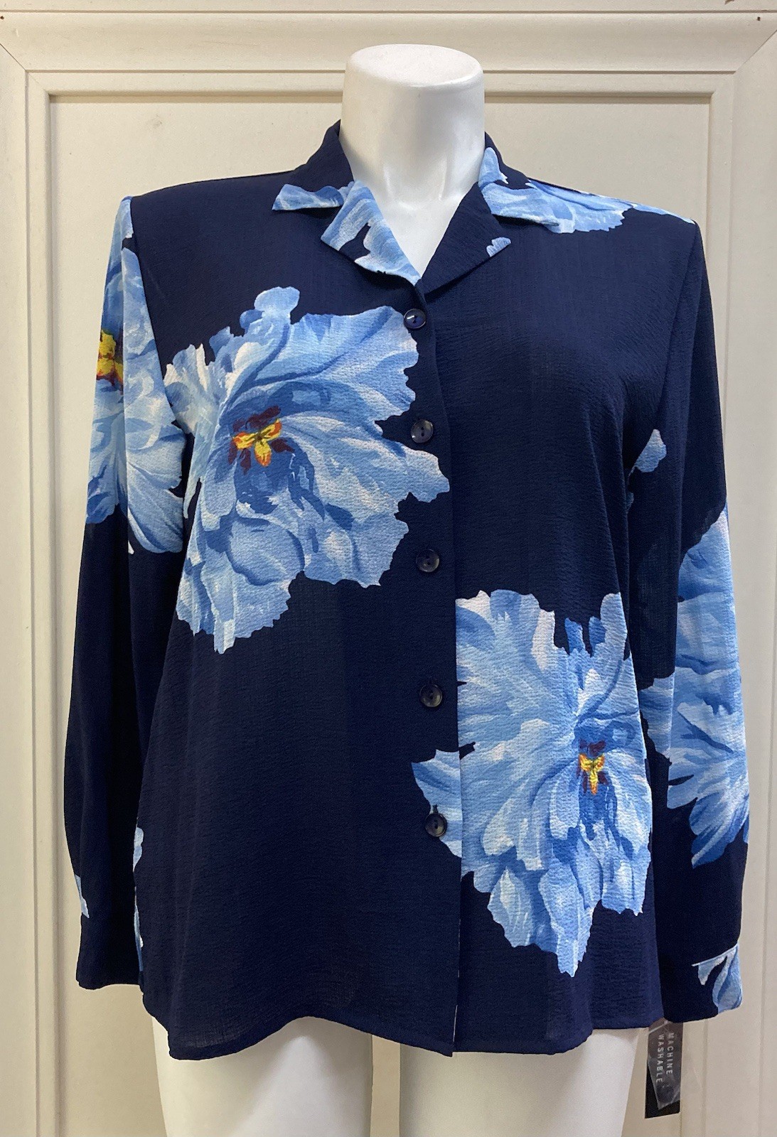 Sag Harbor Womens Blue Size 16 Floral Button Up Long Sleeve Blouse
