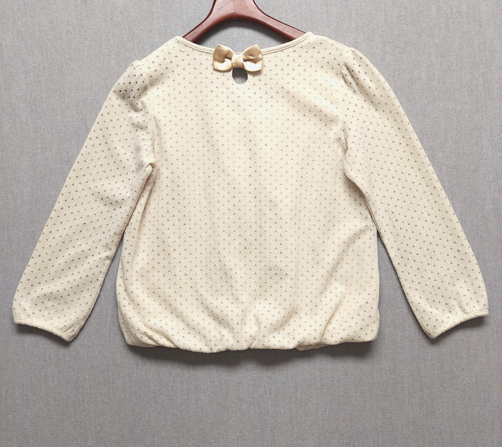 Womens Knit Top L Cream Long Sleeve Keyhole Bow Dot Pattern Dainty Sweater