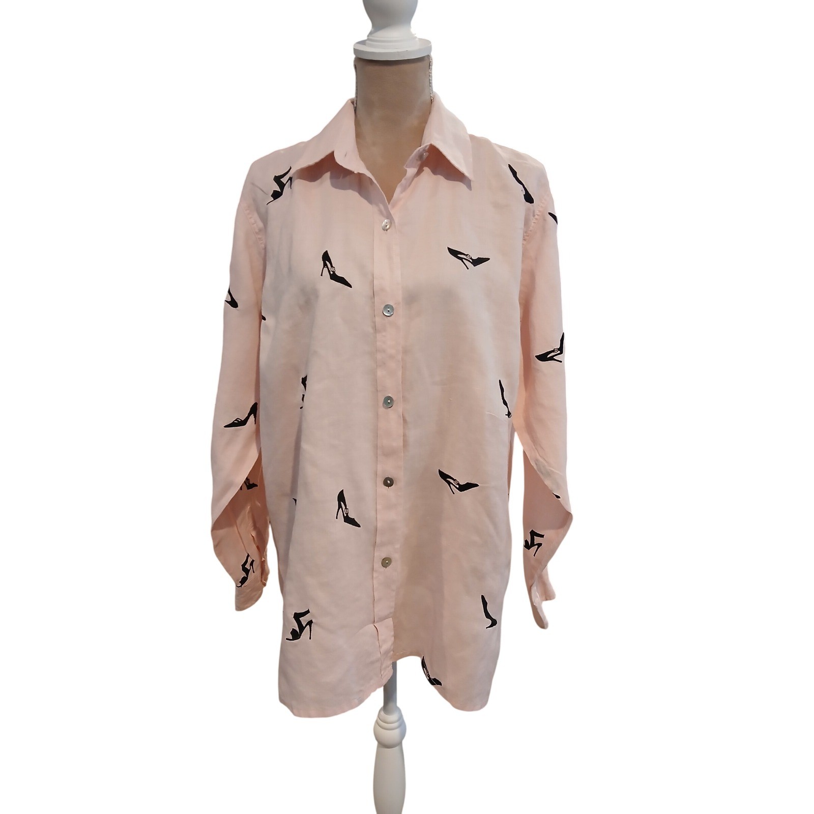 Casey Coleman Pink 100% Linen Embroidered High Heel Shoe Button Down Shirt Large