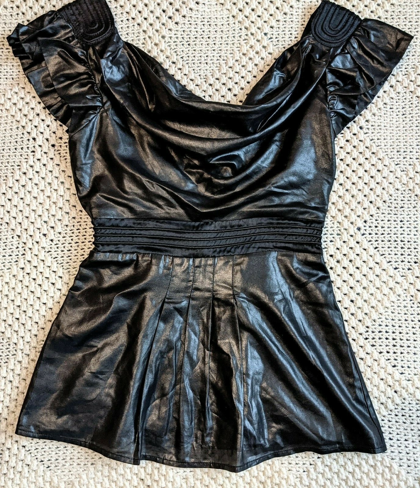 Bebe black metallic shimmer draped Grecian goddess gothic elegant ruffle shirt S