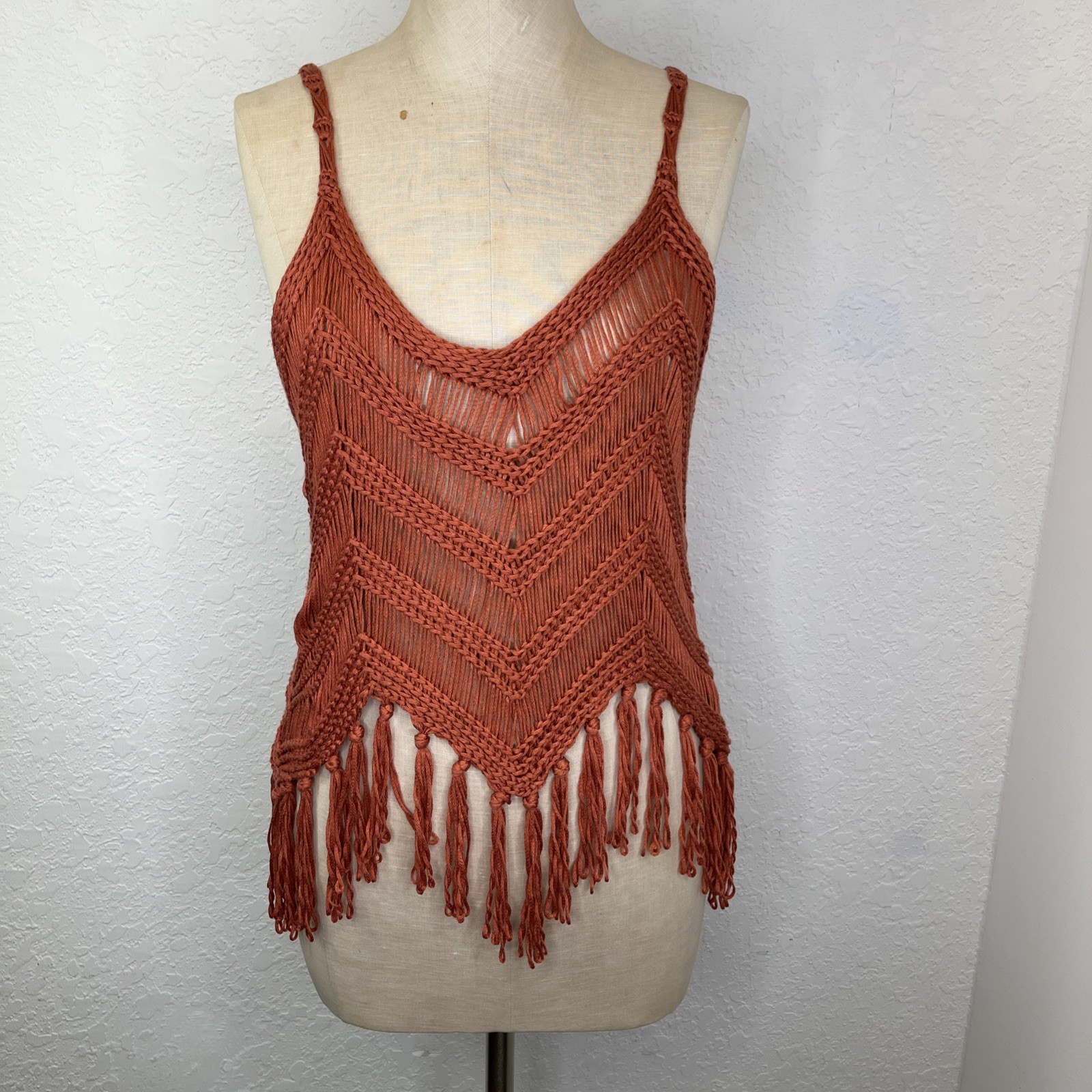New In Crochet Orange Shell Top Size M knitted Bohemian, fringe, chic, boho chic