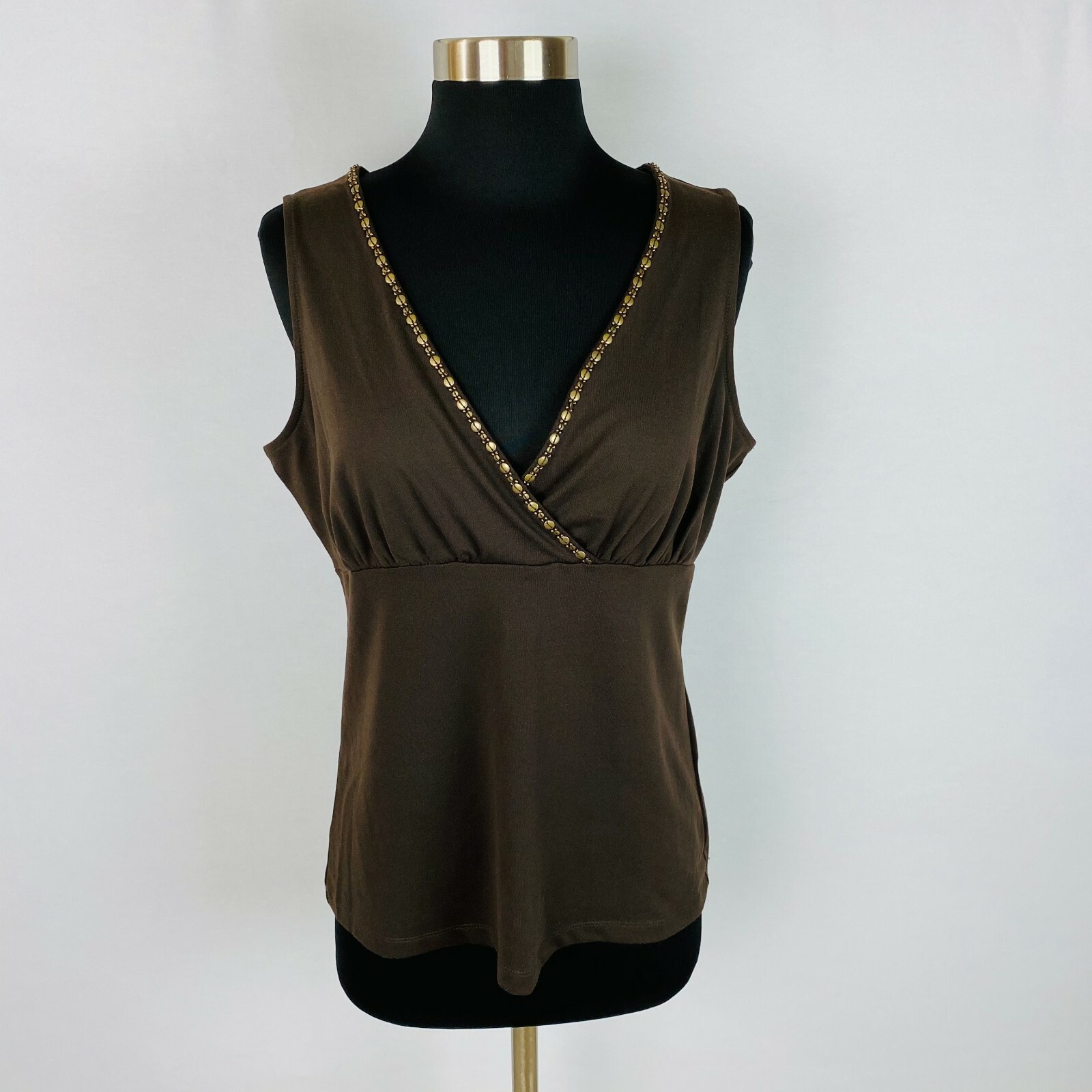 New York & Co Sleeveless Top Womens Brown Beaded Accented M