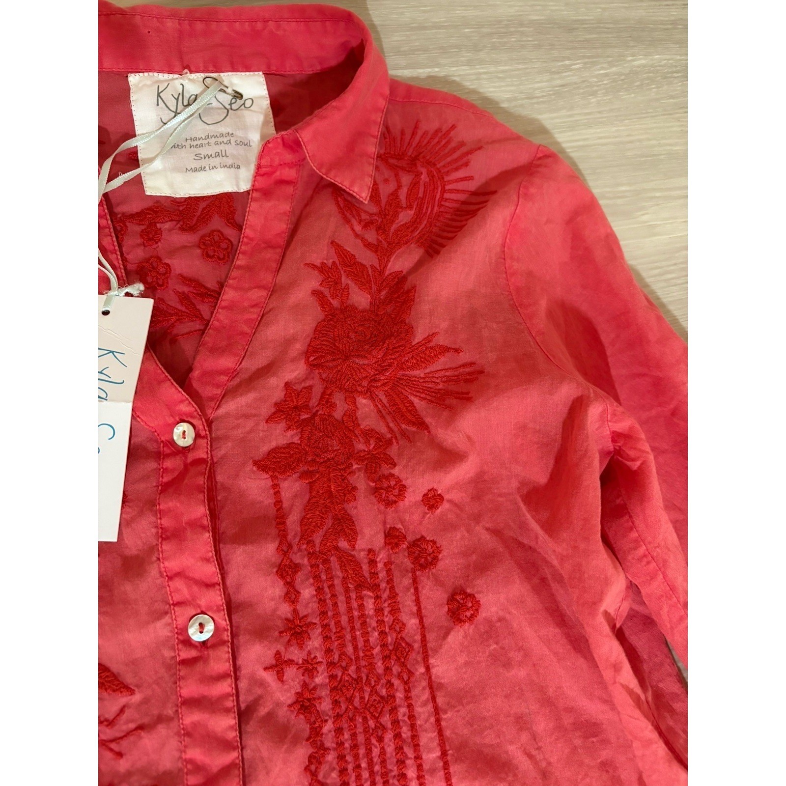 Kyla Seo Women Shirt Coral Pink Embroidered Button Down 3/4 Sleeve Small NWT