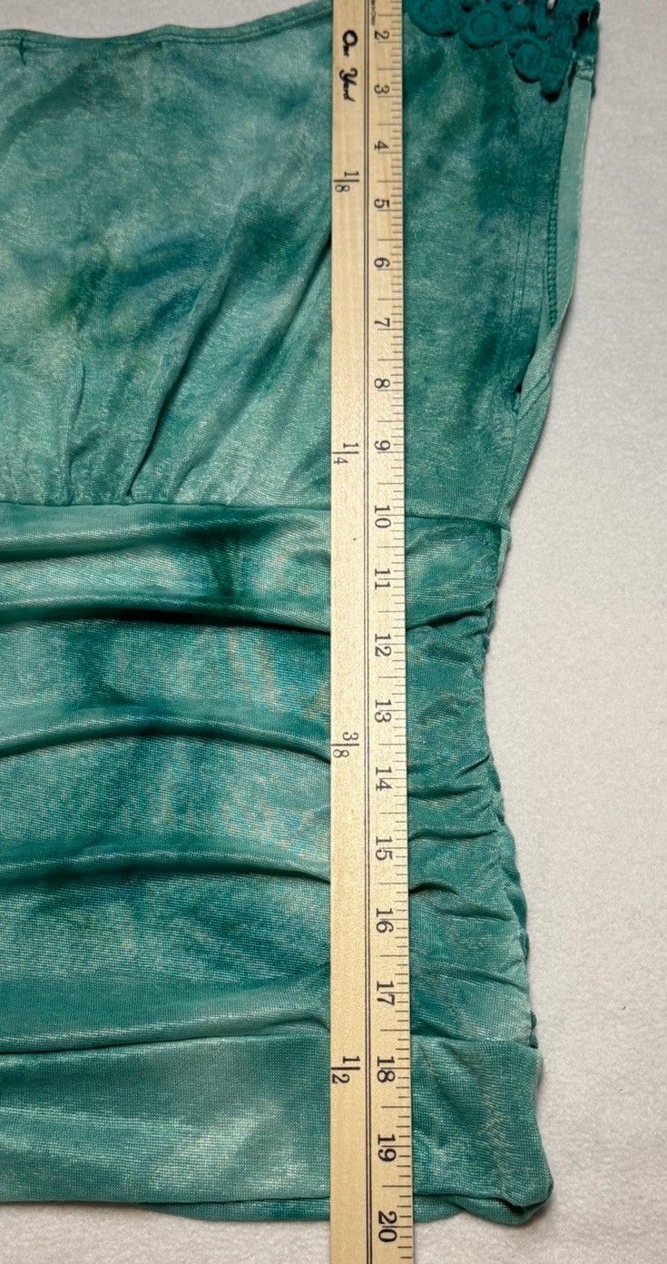 HeartSoul Boho Teal Shimmer Ruched Crochet Lace Trim Top Size Small