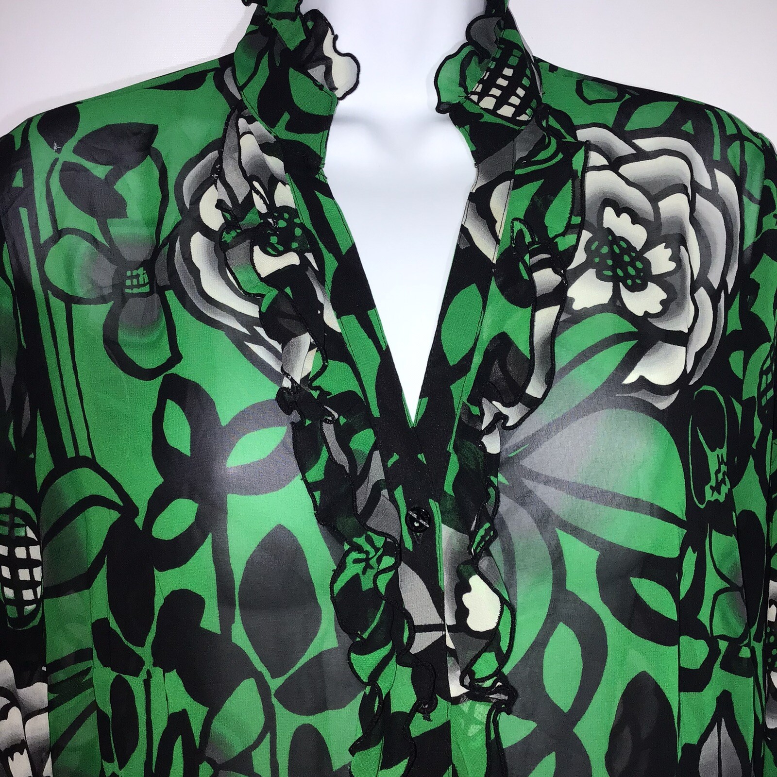 Worthington Womens M Button Top Green Black Floral Ruffle Stand Up Collar Blouse