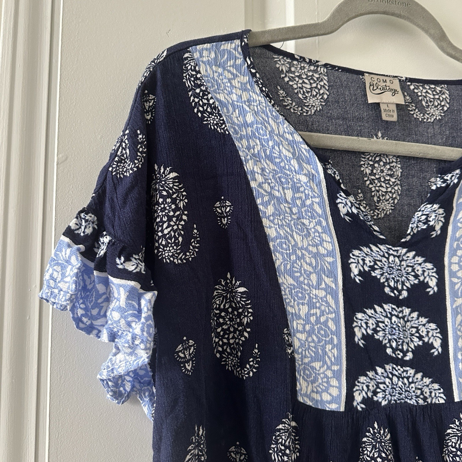 Como Vintage Navy Blue Boho Ruffle Sleeve V-Neck Blouse Women’s Size Large Hippy