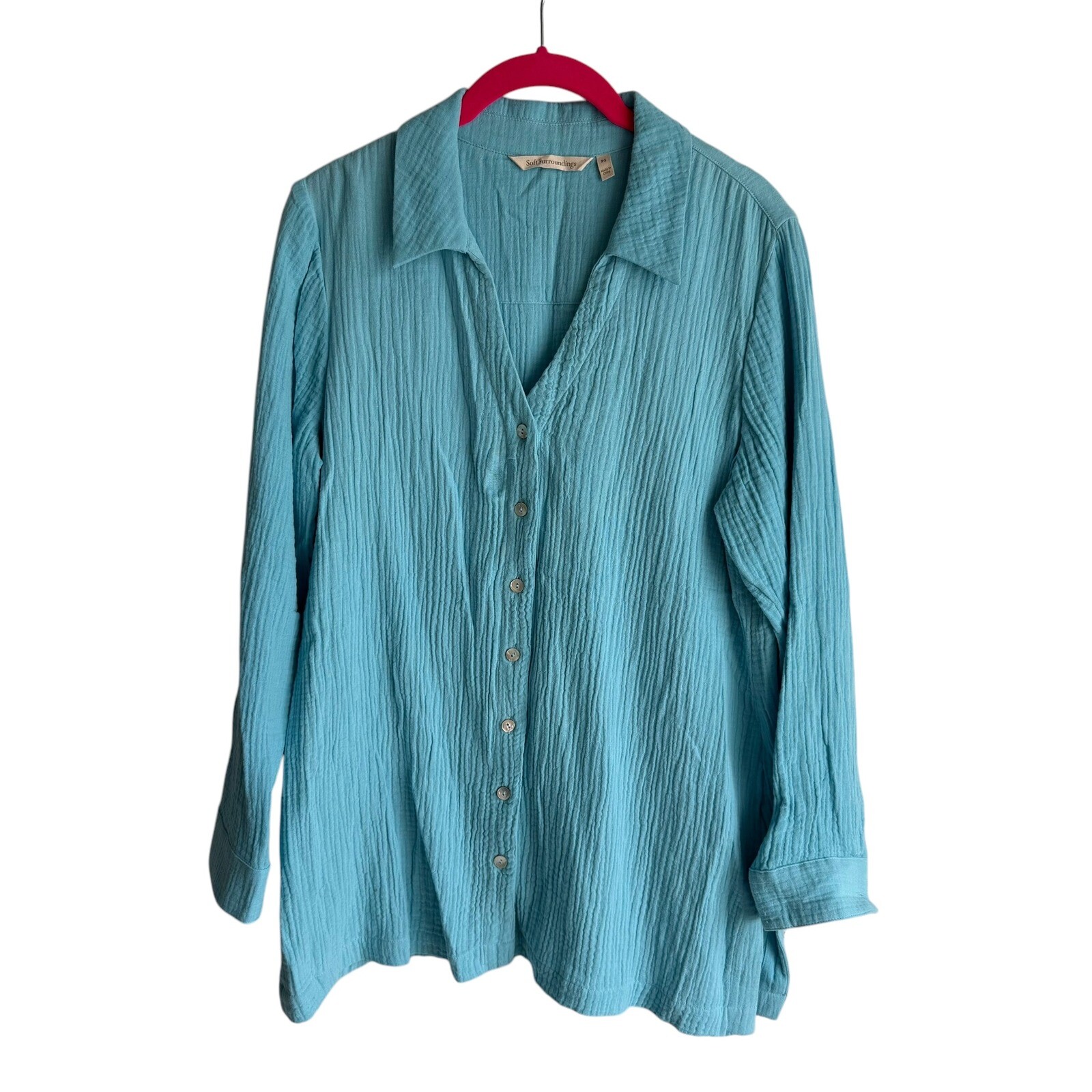 SOFT SURROUNDINGS Turquoise Gauze Button Down Ladies 3/4 Sleeve Blouse, PS
