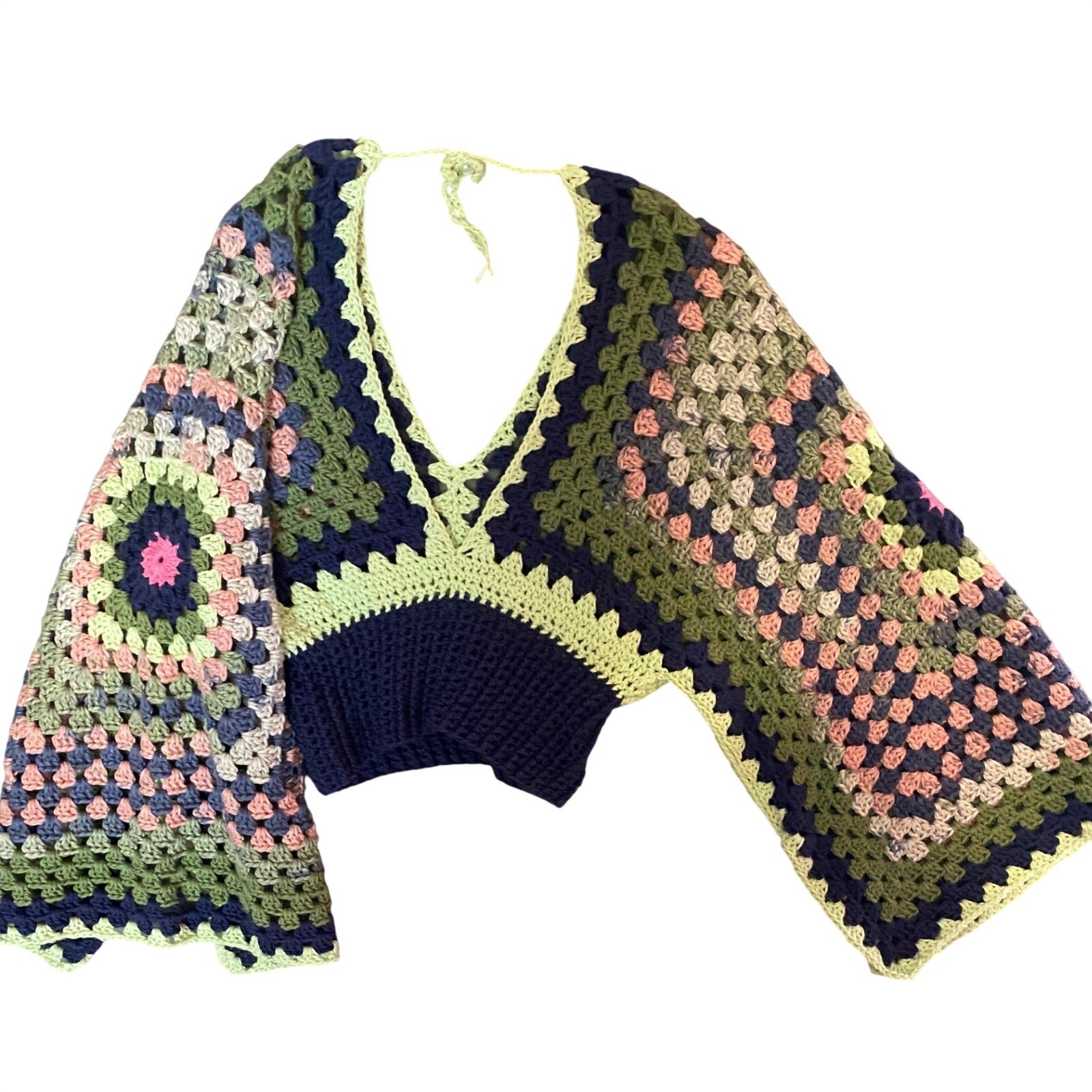 Handmade Crochet Granny Square Crop Top Bell Sleeve Green Navy Pink Boho V-Neck